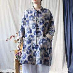 Vintage Blue Chinese Standing Collar Loose Frog Button Shirt, Oversize Printed Cotton Linen Jacket 20250408