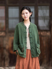 Summer New Arrival: Original Linen Hand-Knotted Button-Down Shirt with Large Pockets for Women – Vintage Distressed Jacket 20260511