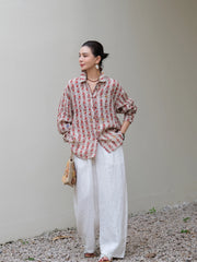 100% Linen Shirt, Loose Fashion Printed Shirt, Women's Summer Long Sleeve Shirt 20250314