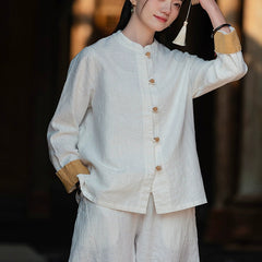 Vintage Chinese collar frog button long-sleeved cotton shirt, casual loose cotton jacket 20250328