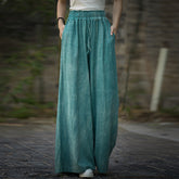 Ramie Handmade Tie-Dye Tied Mid-Waist Wide-Leg Pants, Vintage Elastic Waist Casual Trousers 20240722