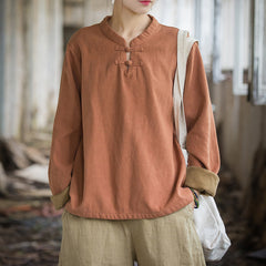 2024 Winter Cotton Linen Padded Bottom Shirt, Plate Button Retro Literary Women's Tops 20241113