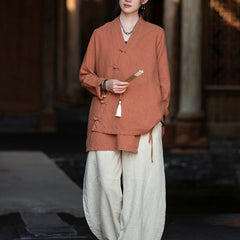 Summer V-neck cotton linen jacket, vintage casual loose kimonot 20250328