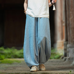 Women's Stone Washed Linen Pants, Loose Casual Elastic Waist Fried Color Linen Pants Tapered Harlem Pants 20240728