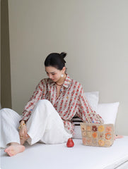 100% Linen Shirt, Loose Fashion Printed Shirt, Women's Summer Long Sleeve Shirt 20250314