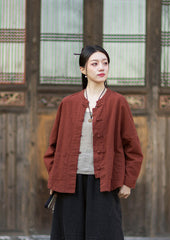 2026 New Arrival: Women's Long-Sleeve Cotton-Linen Blouse, Loose-Fit Chinese-Style Stand-Up Collar with Button-Down Front