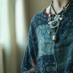 Vintage Literary Digital Printed Cotton Round Neck Raw Edge T-Shirt Top 240621