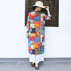 Summer Printed Cotton Linen Cheongsam, Vintage Chinese Square Printed Dresses 20250408
