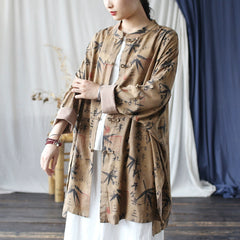 Vintage Brown Chinese Standing Collar Loose Frog Button Shirt, Oversize Printed bamboo leaf Cotton Linen Jacket 20250408