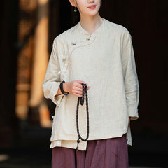 Women's Vintage Chinese Long Sleeve Cotton Linen Shirt with Embroidery Boat Neck Loose Casual Shirt 20240920