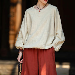Loose long-sleeved cotton linen T-shirt, vintage round neck cotton linen button top shirt 20240920