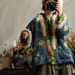 Retro Bohemian Shearling-Patchwork Cotton Jacket for Women Printed Oversized Cotton Coat,Vintage Japanese kimono, Oversize Printed bamboo leaf Cotton Linen Jacket