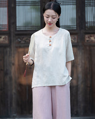 Frog Button Cotton Linen Shirt, Summer Chinese Vintage Women Sandwashed Cotton Linen T-shirt 20240728
