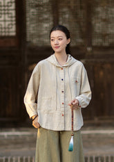 2026 Spring New Arrival: Oversized Casual Hooded Color-Blocked Button-Down Shirt, Women's Sandwashed Cotton-Linen Jacket