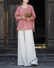 Summer cotton Chinese stand-up collar shirt, sandwashed frog button women's long-sleeved shirt 20240714