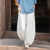 Women's Stone Washed Linen Pants, Loose Casual Elastic Waist Fried Color Linen Pants Tapered Harlem Pants 20240728