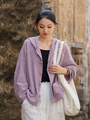 Ladies Summer Chinese Loose Frog Button Hoodie, Vintage Cotton and Linen Casual Shirt 20250604