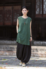 New Vintage-Style Ombré Distressed Versatile Lightweight Sleeveless Dress for Women: Round-Neck Linen Tank Dress 20260511