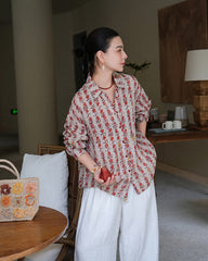 100% Linen Shirt, Loose Fashion Printed Shirt, Women's Summer Long Sleeve Shirt 20250314