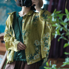 Vintage Yellow Digital Print Pure Ramie Shirt, Summer Loose Casual Shirt 240621