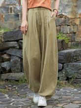 Women Vintage cotton linen tapered pants, elastic waistband stonewashed tie-dye casual pants 20250604