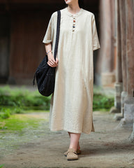 Cotton linen dress, summer new Chinese stand-up collar frog button dress 20240727