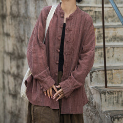 Vintage frog button cotton linen tie-dye shirt, loose casual shirtplus size