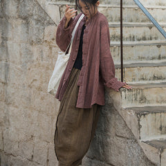 Vintage frog button cotton linen tie-dye shirt, loose casual shirtplus size