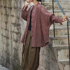 Vintage frog button cotton linen tie-dye shirt, loose casual shirtplus size