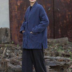 Loose Linen Kimono Jacket, Casual Cotton and Linen Winter Warm Jacket, Women's Chinese Lace-Up Winter Coat
