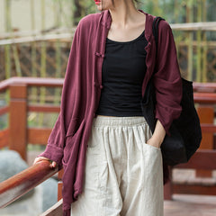 Women's Loose Cotton Linen Jacket, Vintage Casual Cotton Linen Washed Shirt Plus Size