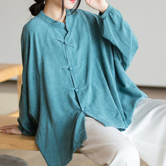 Vintage Frog Button Cotton Washed Shirt, Chinese Casual Loose Shirt