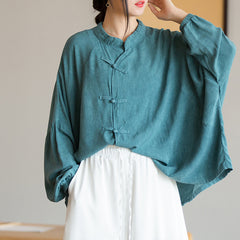 Vintage Frog Button Cotton Washed Shirt, Chinese Casual Loose Shirt