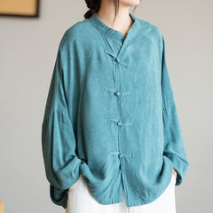 Vintage Frog Button Cotton Washed Shirt, Chinese Casual Loose Shirt
