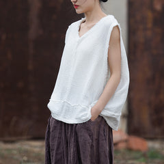 Summer Sleeveless Cotton Linen Shirt, Vintage V-Neck Casual Top