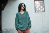 V-neck cotton linen shirt, loose casual linen shirt Plus size