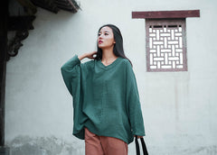 V-neck cotton linen shirt, loose casual linen shirt Plus size