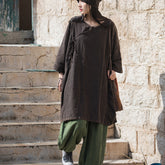 Loose cotton linen V-neck frog button shirt, vintage Chinese stone washed casual shirt Plus size