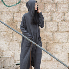 Loose Hooded Cotton Dress, Vintage Chinese Casual Hooded Long Shirt