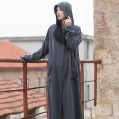 Loose Hooded Cotton Dress, Vintage Chinese Casual Hooded Long Shirt