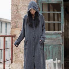 Loose Hooded Cotton Dress, Vintage Chinese Casual Hooded Long Shirt