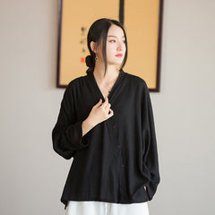 V-Neck Cotton Linen Shirt, Loose Casual Shirt