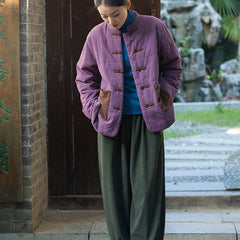 Patchwork Linen Winter Jacket, Chinese Vintage Frog Button Cotton Jacket