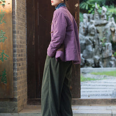 Patchwork Linen Winter Jacket, Chinese Vintage Frog Button Cotton Jacket