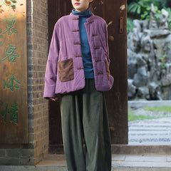 Patchwork Linen Winter Jacket, Chinese Vintage Frog Button Cotton Jacket