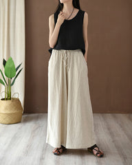 Summer linen wide leg pants, loose casual elastic waist linen pants