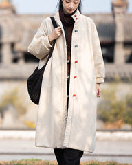 Loose Oversize Winter Linen Coat, Vintage Chinese Standing Collar Frog Button Coat Plus size