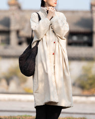 Loose Oversize Winter Linen Coat, Vintage Chinese Standing Collar Frog Button Coat Plus size