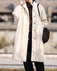 Loose Oversize Winter Linen Coat, Vintage Chinese Standing Collar Frog Button Coat Plus size