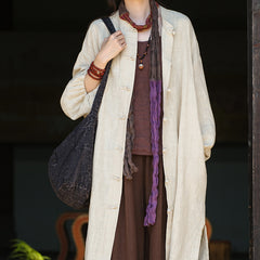 Loose Standing Collar Linen Long Shirt, Vintage Chinese Linen Shirt Plus size